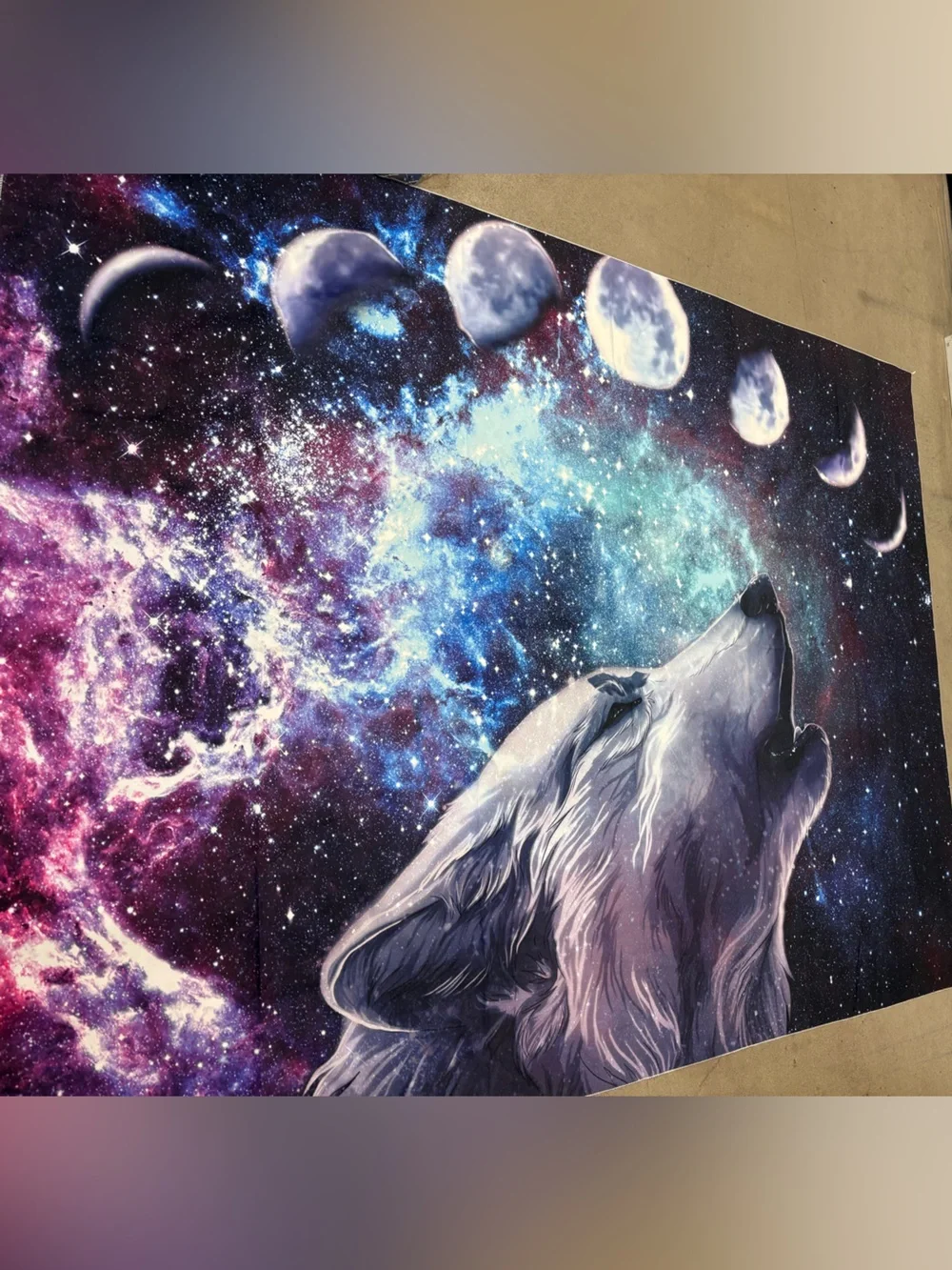 Mystic Wolf Galaxy Moon Cycle Wall Tapestry